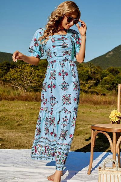 Floral Ruched Puff Sleeve Tiered Maxi Dress - SHE BADDY© ONLINE WOMEN FASHION & CLOTHING STORE