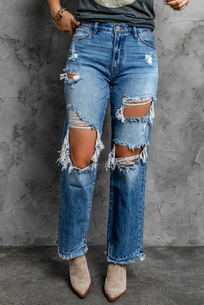 Frayed Hem Distressed Jeans with Pockets - SHE BADDY© ONLINE WOMEN FASHION & CLOTHING STORE