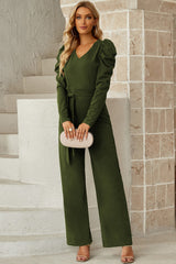 Belted Long Puff Sleeve V-Neck Jumpsuit - SHE BADDY© ONLINE WOMEN FASHION & CLOTHING STORE