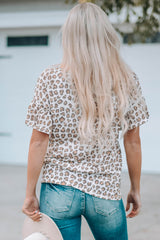 Leopard Buttoned Short Flounce Sleeve T-Shirt - SHE BADDY© ONLINE WOMEN FASHION & CLOTHING STORE