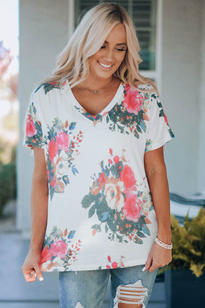 Floral V-Neck Tee Shirt - SHE BADDY© ONLINE WOMEN FASHION & CLOTHING STORE