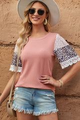 Leopard Lace Trim Ribbed Round Neck Top - SHE BADDY© ONLINE WOMEN FASHION & CLOTHING STORE