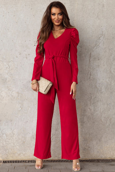 Belted Long Puff Sleeve V-Neck Jumpsuit - SHE BADDY© ONLINE WOMEN FASHION & CLOTHING STORE