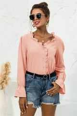 Frill Trim V-Neck Flounce Sleeve Shirt - SHE BADDY© ONLINE WOMEN FASHION & CLOTHING STORE