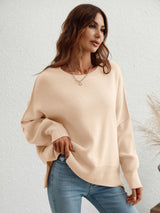 Exposed Seam Dropped Shoulder Slit Sweater - SHE BADDY© ONLINE WOMEN FASHION & CLOTHING STORE