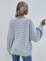 Striped Drop Shoulder V-Neck Pullover Sweater - SHE BADDY© ONLINE WOMEN FASHION & CLOTHING STORE