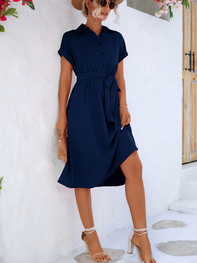 Cuffed Short Sleeve Belted Shirt Dress - SHE BADDY© ONLINE WOMEN FASHION & CLOTHING STORE