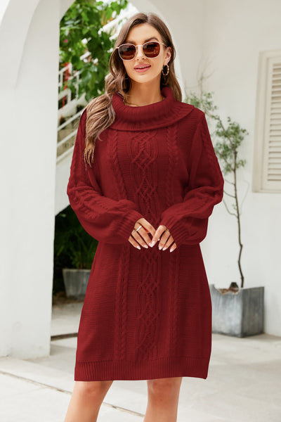 Mixed Knit Turtleneck Lantern Sleeve Sweater Dress - SHE BADDY© ONLINE WOMEN FASHION & CLOTHING STORE