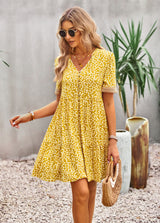 Floral Buttoned Puff Sleeve Dress - SHE BADDY© ONLINE WOMEN FASHION & CLOTHING STORE