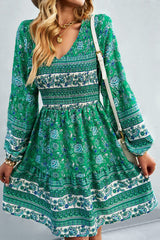 Bohemian V-Neck Balloon Sleeve Dress - SHE BADDY© ONLINE WOMEN FASHION & CLOTHING STORE