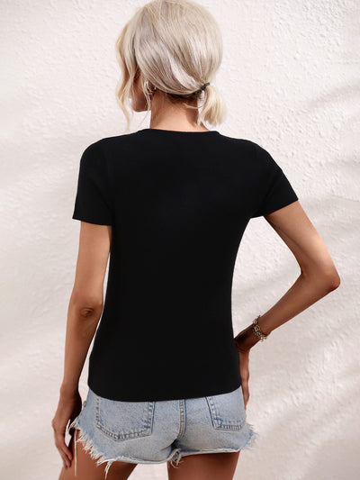 Cutout Round Neck Short Sleeve Knit Top - SHE BADDY© ONLINE WOMEN FASHION & CLOTHING STORE