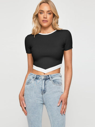 Contrast Trim Pointed Hem Ribbed Crop Top - SHE BADDY© ONLINE WOMEN FASHION & CLOTHING STORE