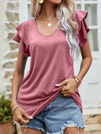 Layered Flutter Sleeve V-Neck Top - SHE BADDY© ONLINE WOMEN FASHION & CLOTHING STORE