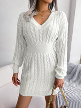 Cable-Knit V-Neck Mini Sweater Dress - SHE BADDY© ONLINE WOMEN FASHION & CLOTHING STORE