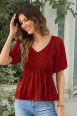 Smocked Balloon Sleeve Peplum Blouse - SHE BADDY© ONLINE WOMEN FASHION & CLOTHING STORE