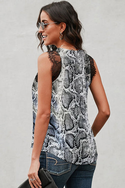 Printed Scalloped Lace Trim Tank - SHE BADDY© ONLINE WOMEN FASHION & CLOTHING STORE