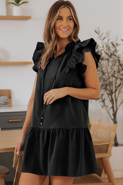 Ruffle Shoulder Tie-Neck Tiered Dress - SHE BADDY© ONLINE WOMEN FASHION & CLOTHING STORE