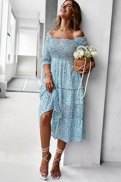 Ditsy Floral Off-Shoulder Smocked Midi Dress - SHE BADDY© ONLINE WOMEN FASHION & CLOTHING STORE
