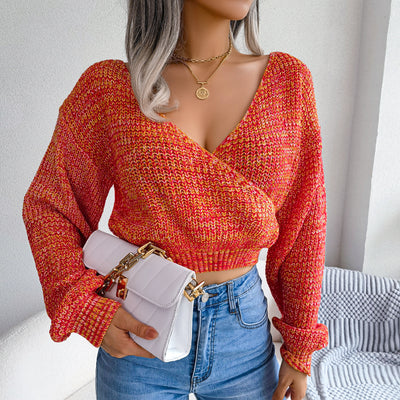 Heathered Surplice Cropped Sweater - SHE BADDY© ONLINE WOMEN FASHION & CLOTHING STORE