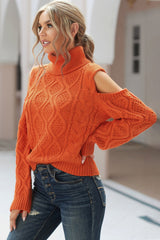 Cold Shoulder Textured Turtleneck Sweater - SHE BADDY© ONLINE WOMEN FASHION & CLOTHING STORE