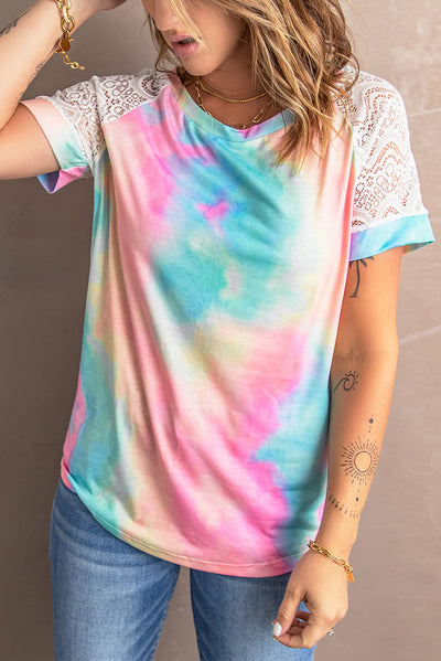 Tie-Dye Spliced Lace Raglan Sleeve Tee - SHE BADDY© ONLINE WOMEN FASHION & CLOTHING STORE