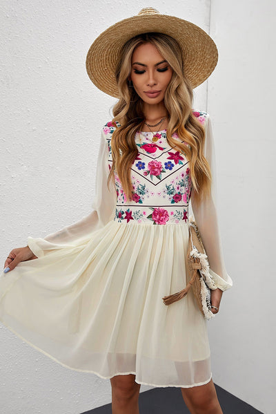 Floral Mesh Sleeve Lined Dress - SHE BADDY© ONLINE WOMEN FASHION & CLOTHING STORE