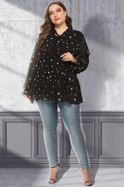 Plus Size Star Print Tie-Neck Peplum Blouse - SHE BADDY© ONLINE WOMEN FASHION & CLOTHING STORE