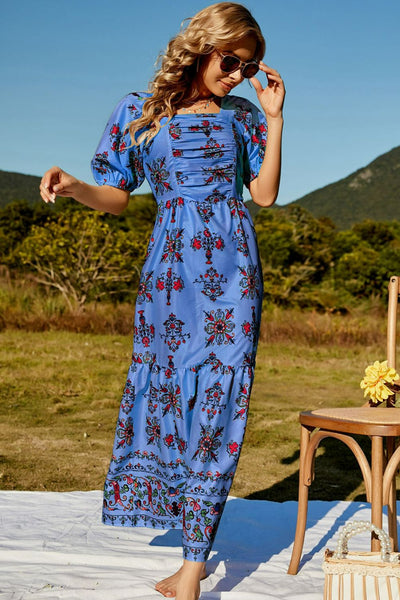 Floral Ruched Puff Sleeve Tiered Maxi Dress - SHE BADDY© ONLINE WOMEN FASHION & CLOTHING STORE