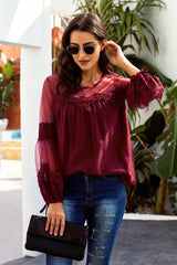 Tied Spliced Mesh Bubble Sleeve Blouse - SHE BADDY© ONLINE WOMEN FASHION & CLOTHING STORE