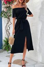 Tie-Waist Off-Shoulder Split Dress - SHE BADDY© ONLINE WOMEN FASHION & CLOTHING STORE