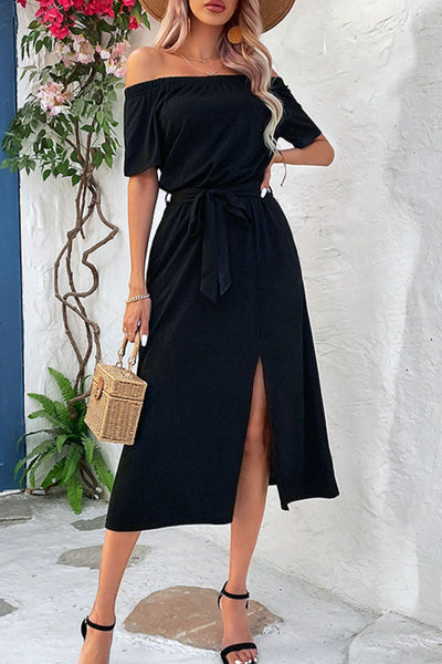 Tie-Waist Off-Shoulder Split Dress - SHE BADDY© ONLINE WOMEN FASHION & CLOTHING STORE