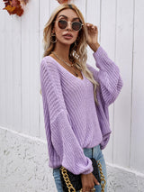 Rib-Knit Drop Shoulder V-Neck Pullover Sweater - SHE BADDY© ONLINE WOMEN FASHION & CLOTHING STORE