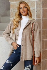 Snap Front Hooded Corduroy Shacket - SHE BADDY© ONLINE WOMEN FASHION & CLOTHING STORE