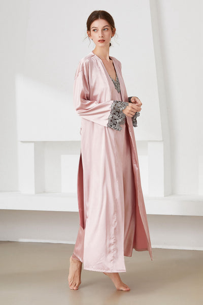 Contrast Lace Trim Satin Night Dress and Robe Set - SHE BADDY© ONLINE WOMEN FASHION & CLOTHING STORE