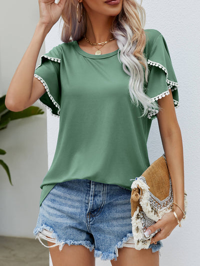 Pom-Pom Trim Flutter Sleeve Round Neck Tee - SHE BADDY© ONLINE WOMEN FASHION & CLOTHING STORE