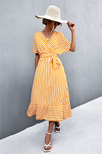 Striped Tie Belt Midi Dress - SHE BADDY© ONLINE WOMEN FASHION & CLOTHING STORE