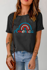 AMERICA Embroidered Round Neck Cuffed Tee Shirt - SHE BADDY© ONLINE WOMEN FASHION & CLOTHING STORE