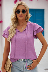 Swiss Dot Tie-Neck Flutter Sleeve Blouse - SHE BADDY© ONLINE WOMEN FASHION & CLOTHING STORE