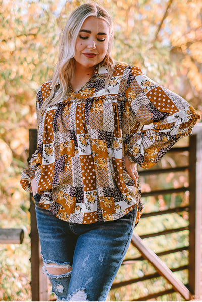 Plus Size Patchwork Balloon Sleeve Blouse - SHE BADDY© ONLINE WOMEN FASHION & CLOTHING STORE