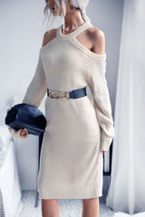 Cold Shoulder Rib-Knit Sweater Dress (Belt Not Included) - SHE BADDY© ONLINE WOMEN FASHION & CLOTHING STORE