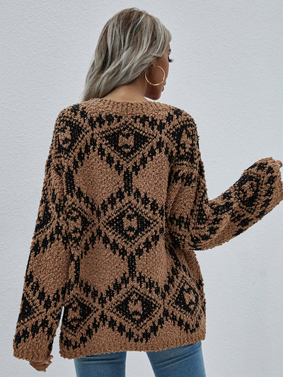 Geometric Print Chunky Knit Sweater - SHE BADDY© ONLINE WOMEN FASHION & CLOTHING STORE