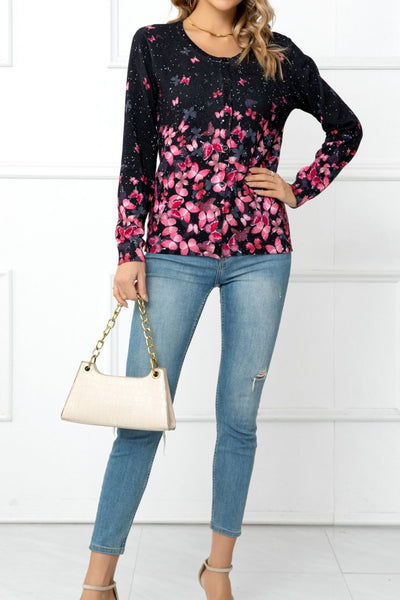 Floral Button Front Round Neck Cardigan - SHE BADDY© ONLINE WOMEN FASHION & CLOTHING STORE