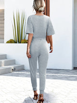 Buttoned Half Sleeve Round Neck Jumpsuit - SHE BADDY© ONLINE WOMEN FASHION & CLOTHING STORE