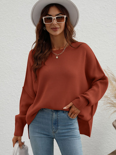 Exposed Seam Dropped Shoulder Slit Sweater - SHE BADDY© ONLINE WOMEN FASHION & CLOTHING STORE