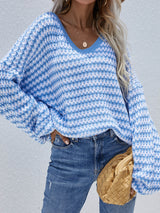 Striped Drop Shoulder V-Neck Pullover Sweater - SHE BADDY© ONLINE WOMEN FASHION & CLOTHING STORE