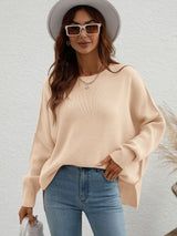 Exposed Seam Dropped Shoulder Slit Sweater - SHE BADDY© ONLINE WOMEN FASHION & CLOTHING STORE