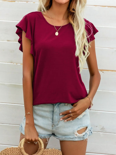 Round Neck Butterfly Sleeve Top - SHE BADDY© ONLINE WOMEN FASHION & CLOTHING STORE