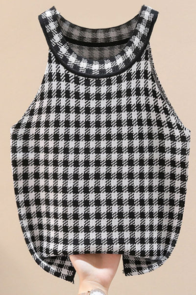 Plaid Round Neck Sleeveless Knit Top - SHE BADDY© ONLINE WOMEN FASHION & CLOTHING STORE