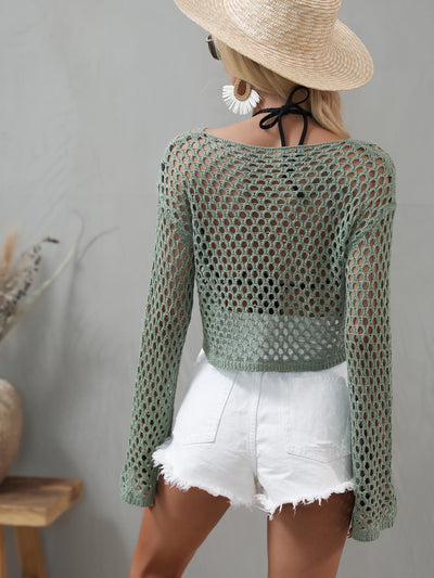 Openwork Flare Sleeve Cropped Cover Up - SHE BADDY© ONLINE WOMEN FASHION & CLOTHING STORE