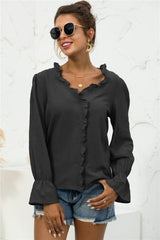 Frill Trim V-Neck Flounce Sleeve Shirt - SHE BADDY© ONLINE WOMEN FASHION & CLOTHING STORE